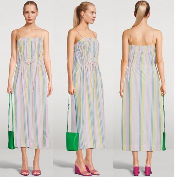 GANNI Organic Cotton Midi Dress Pastel Stripes Dress w Pockets RUNS LIKE M or 8 - Picture 1 of 6